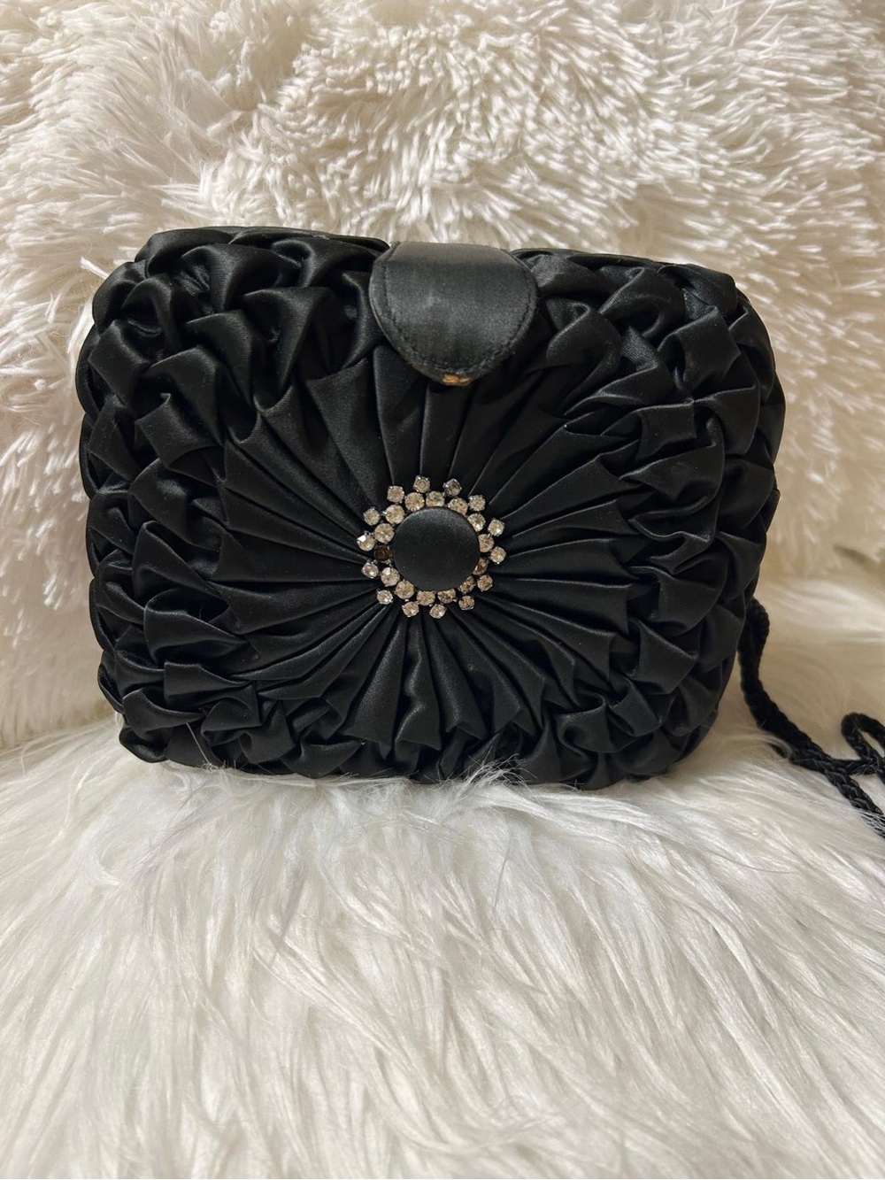 Black Satin Ruched Evening Crossbody Bag with Crystal Accent